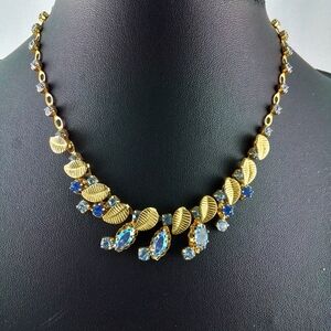 Vintage Blue Aurora Borealis Rhinestone Goldtone Leaf Choker Necklace